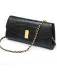 Leather clutch bag, black croc, with chain strap