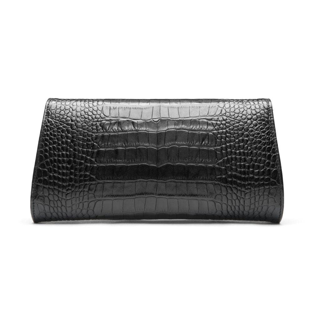 Leather clutch bag, black croc, back view