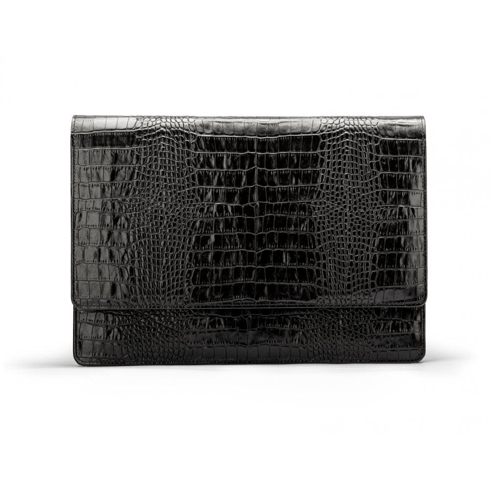 Small leather A4 portfolio case, black croc, front