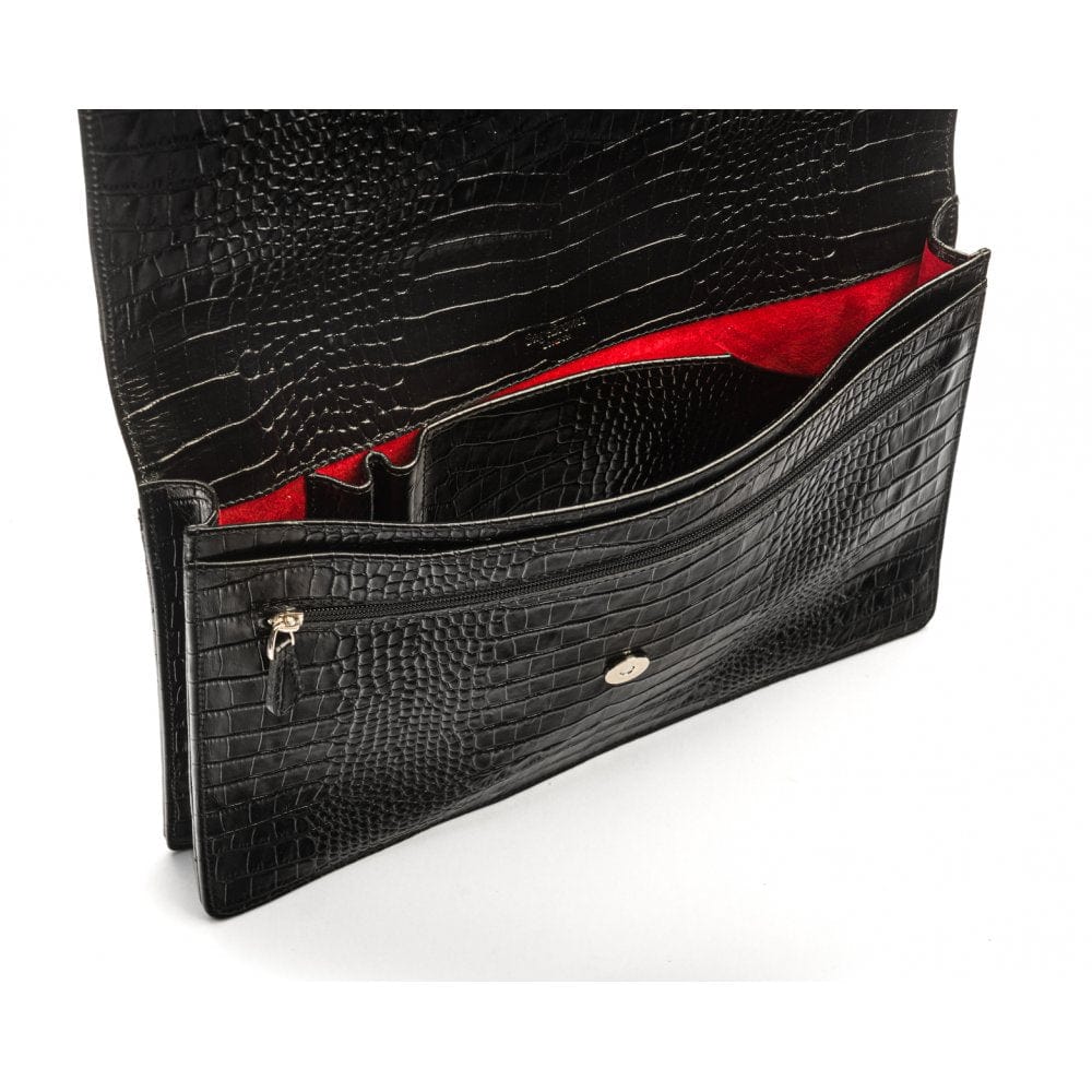 Small leather A4 portfolio case, black croc, inside