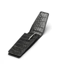 Leather pen case, black croc, open