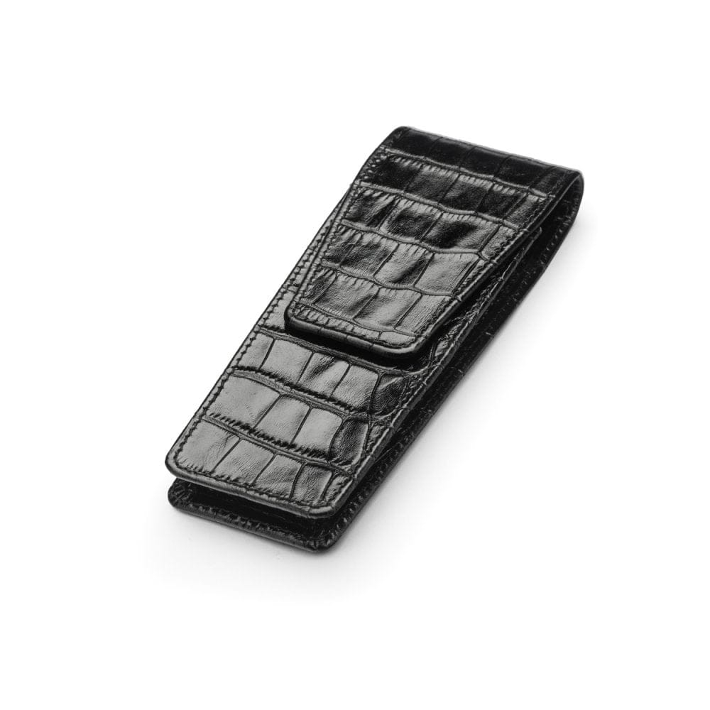 Leather pen case, black croc, side