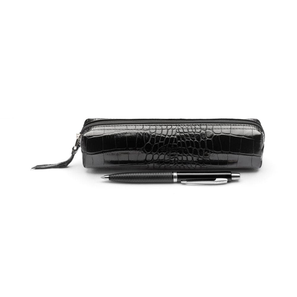 Leather pencil case, black croc, front