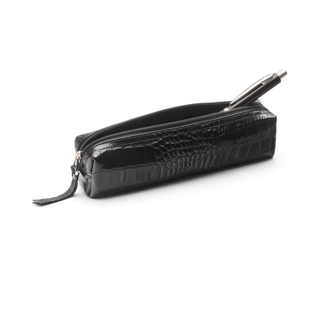 Leather pencil case, black croc, open