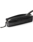 Leather pencil case, black croc, open