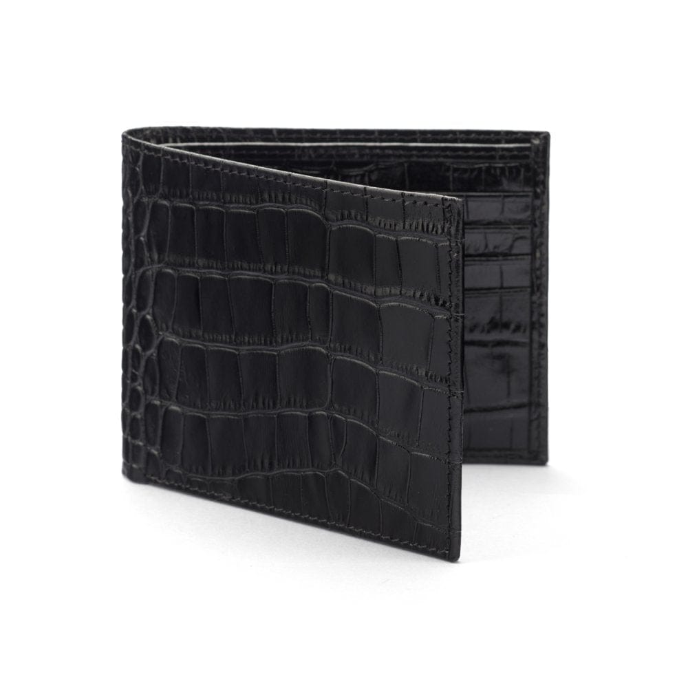 Black Croc Compact Leather Billfold Wallet With RFID Protection