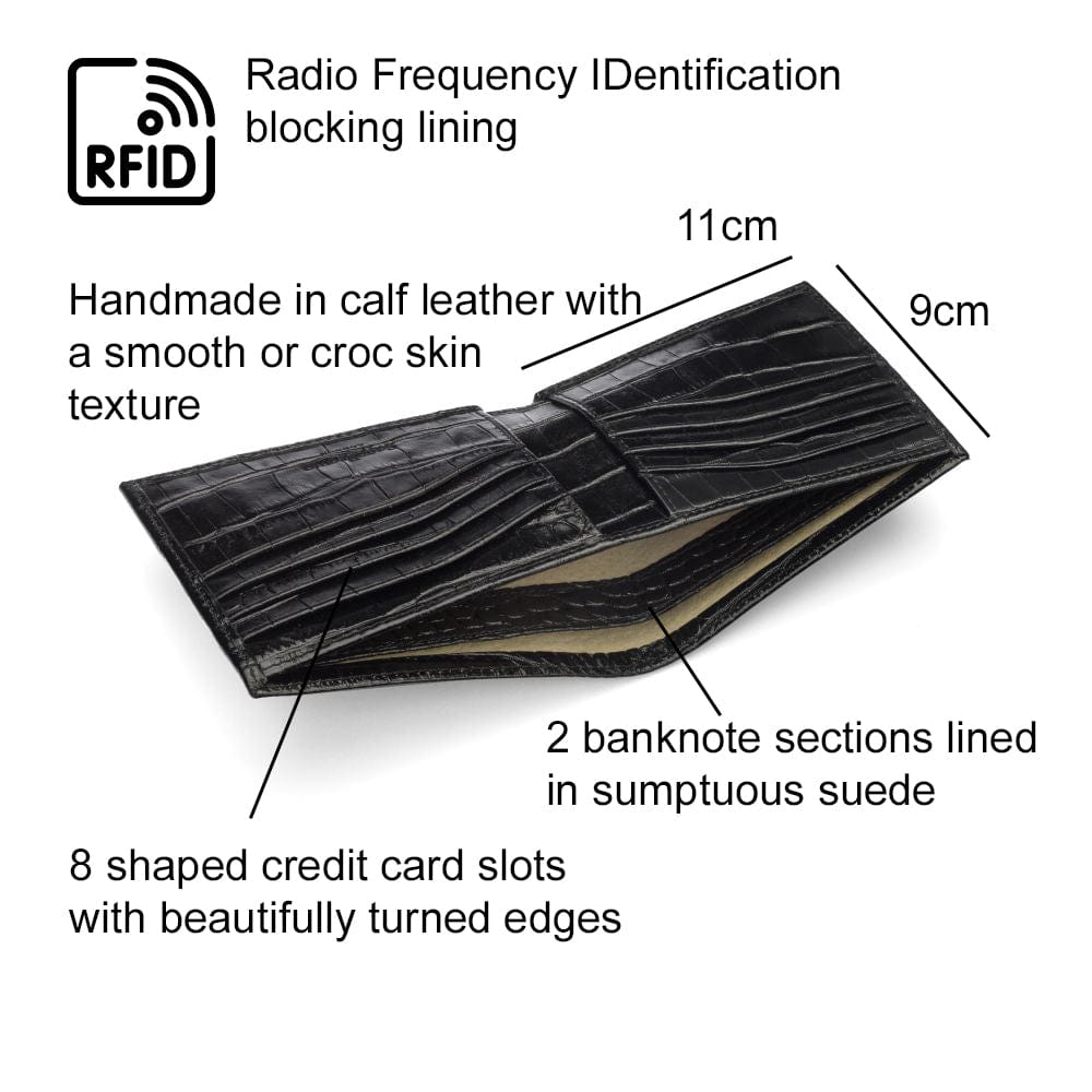 RFID leather wallet for men, black croc, features