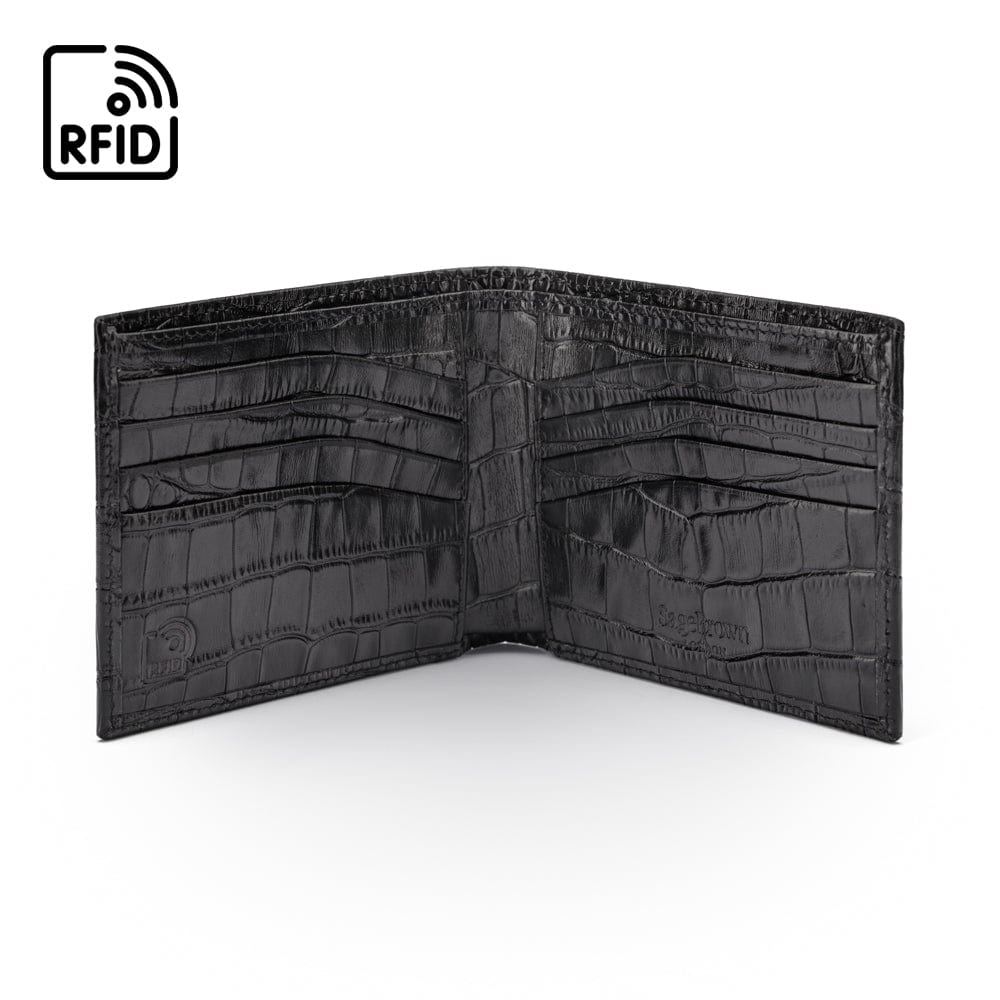RFID leather wallet for men, black croc, open view
