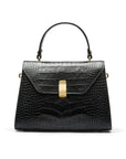 Leather top handle bag, black croc, front