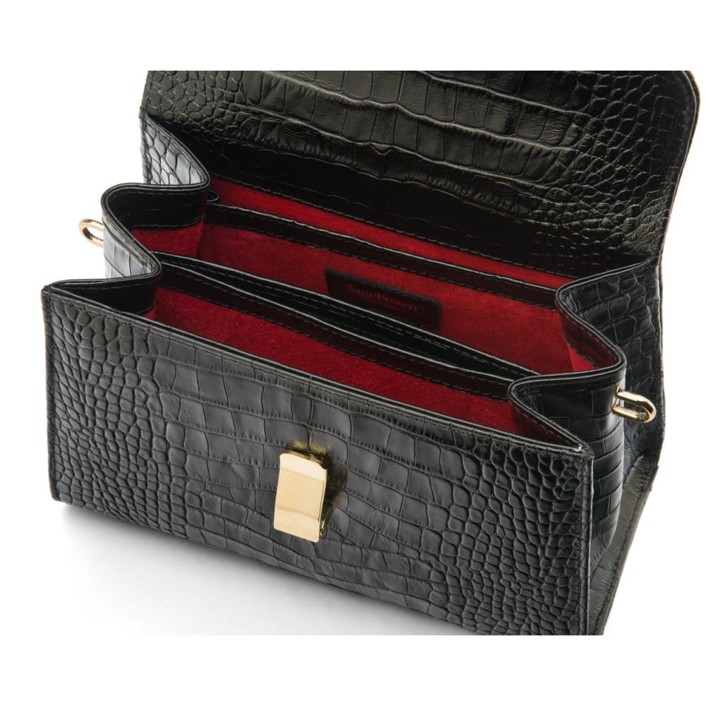 Leather top handle bag, black croc, inside