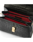 Leather top handle bag, black croc, inside