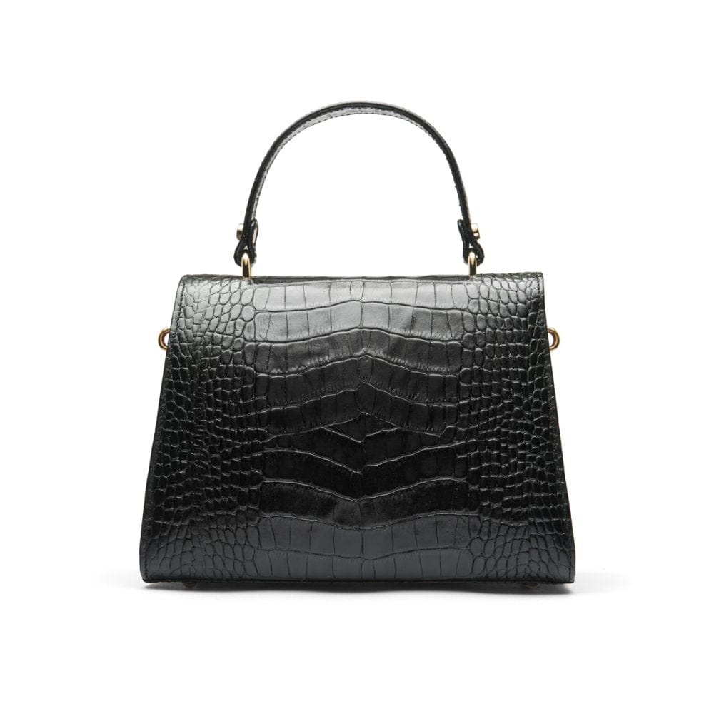 Leather top handle bag, black croc, back