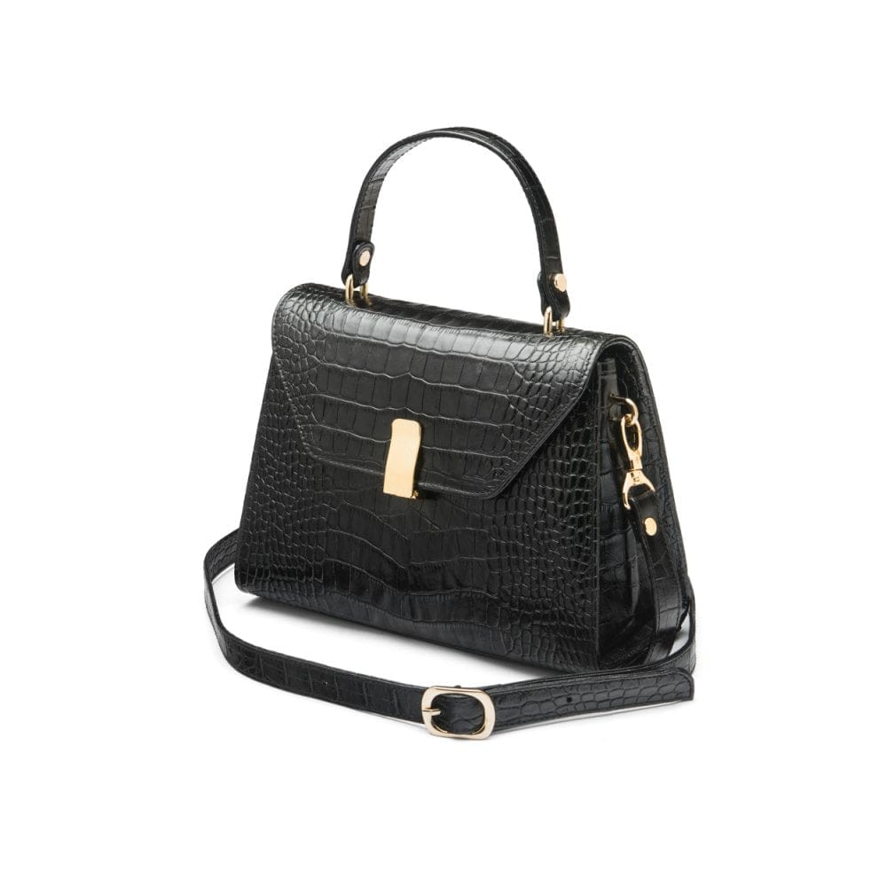 Leather top handle bag, black croc, side