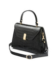 Leather top handle bag, black croc, side