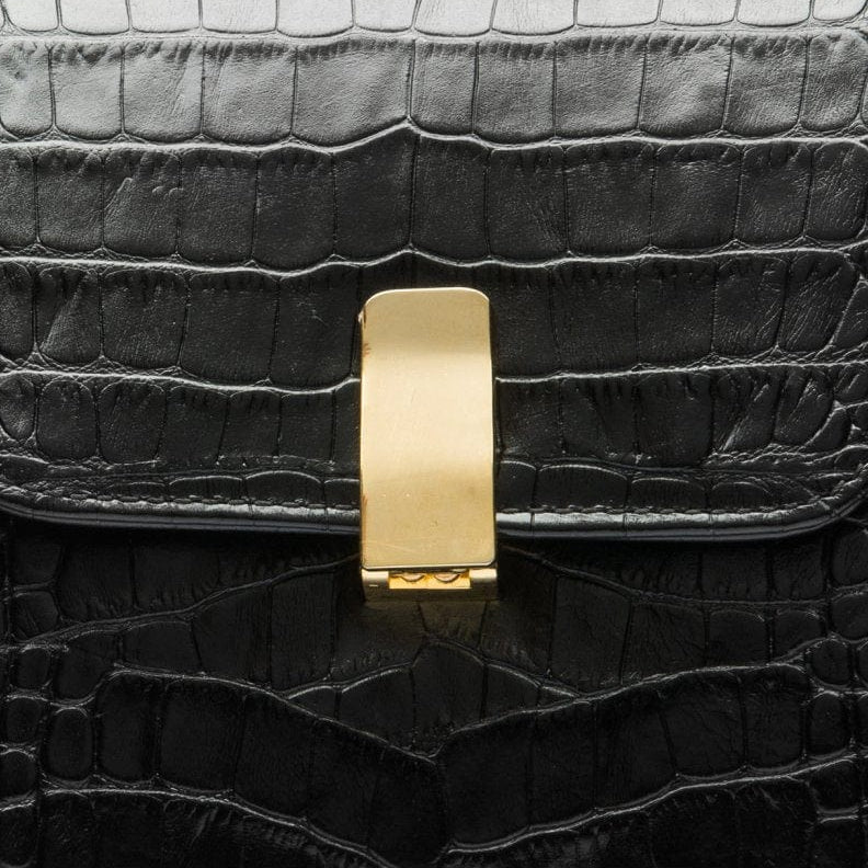Leather top handle bag, black croc, lock close up