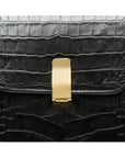 Leather top handle bag, black croc, lock close up