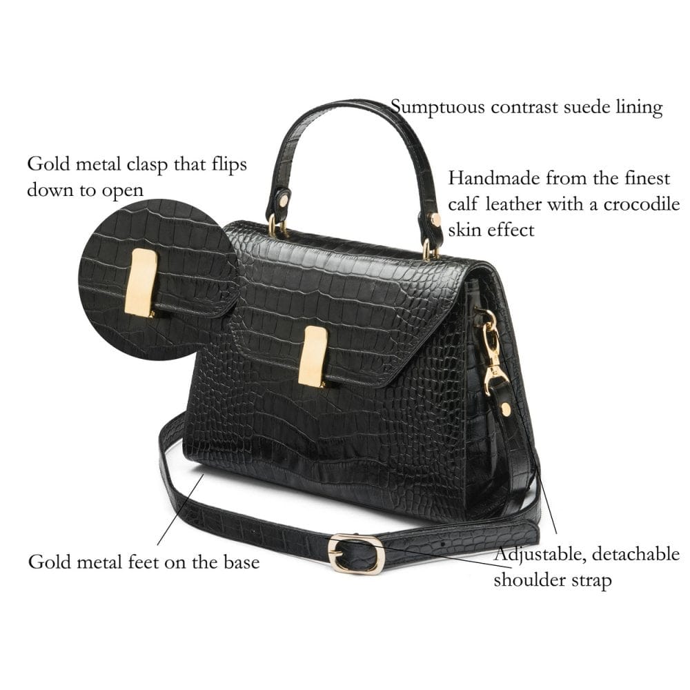 Leather top handle bag, black croc, features