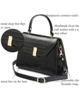 Leather top handle bag, black croc, features