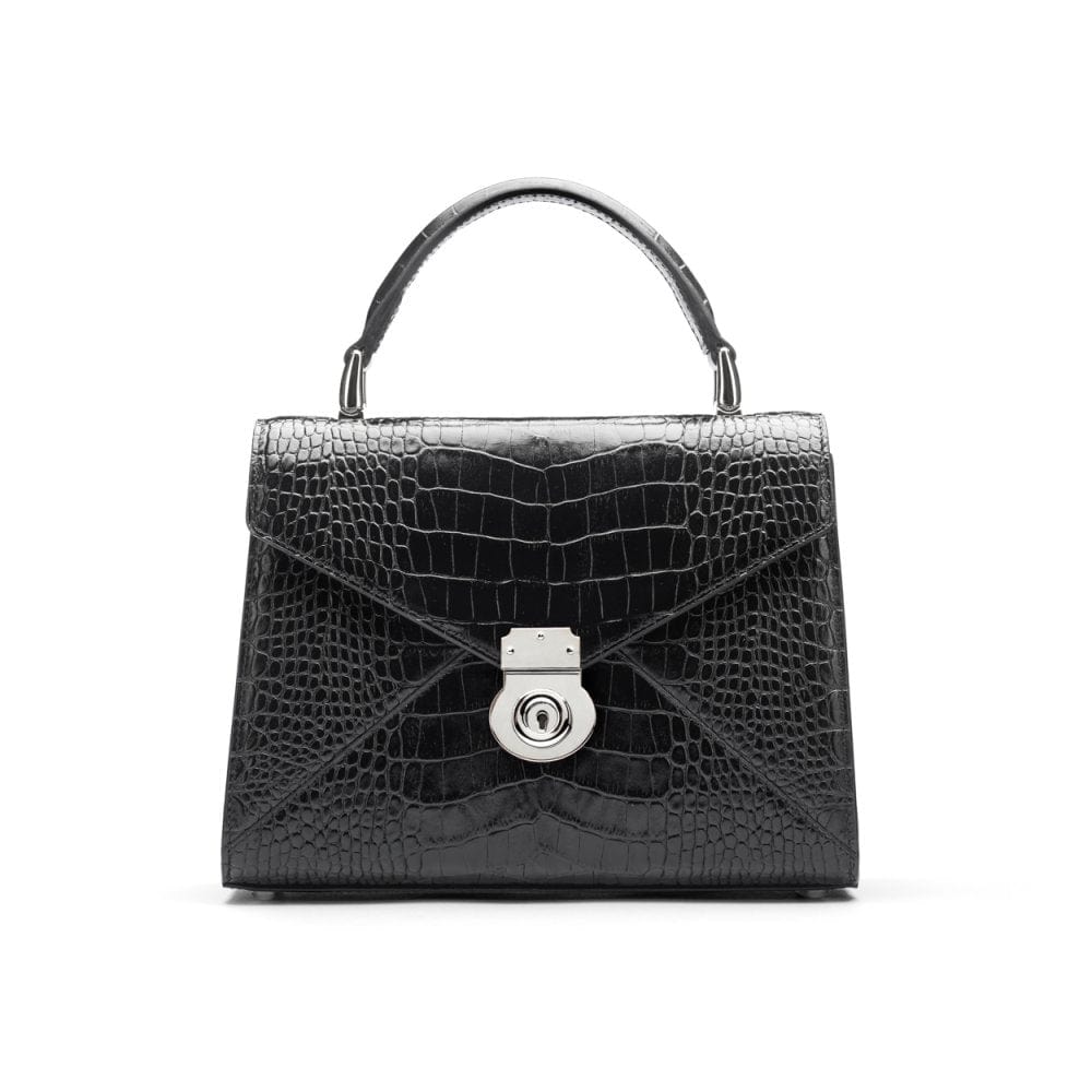 Leather top handle bag, Burnett bag, black croc, front view