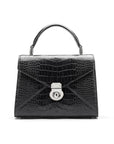 Leather top handle bag, Burnett bag, black croc, front view