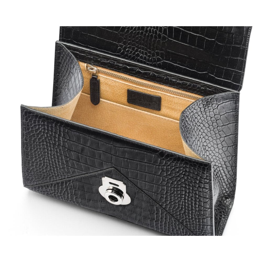 Leather top handle bag, Burnett bag, black croc, inside view