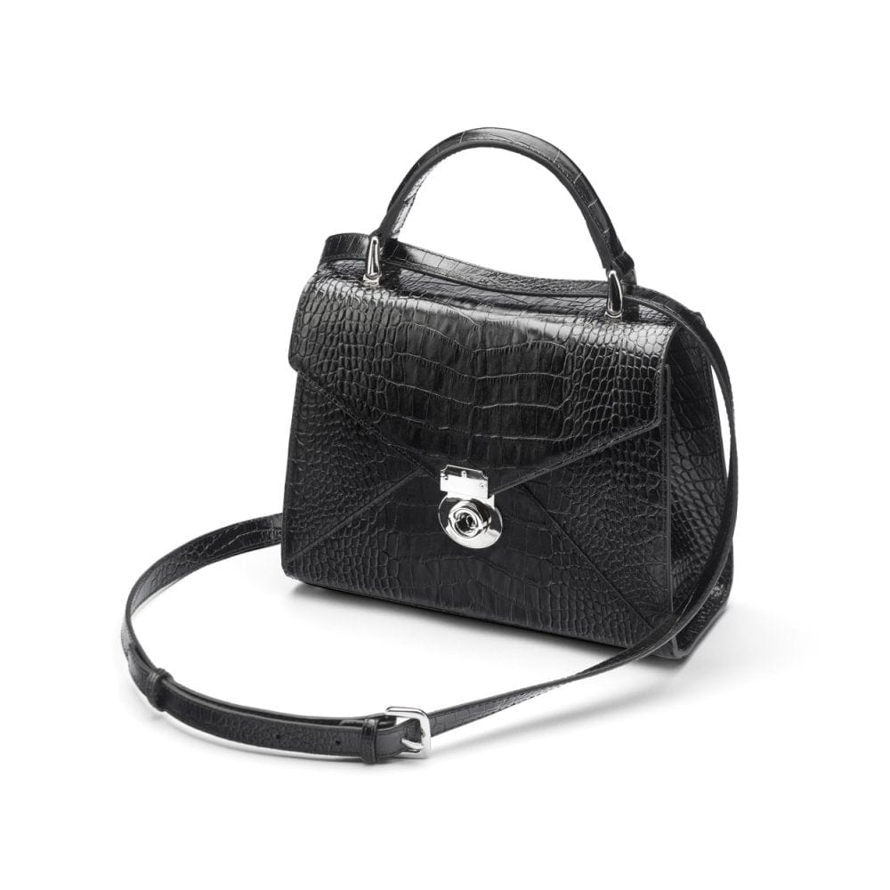 Leather top handle bag, Burnett bag, black croc, with shoulder strap