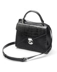 Leather top handle bag, Burnett bag, black croc, with shoulder strap