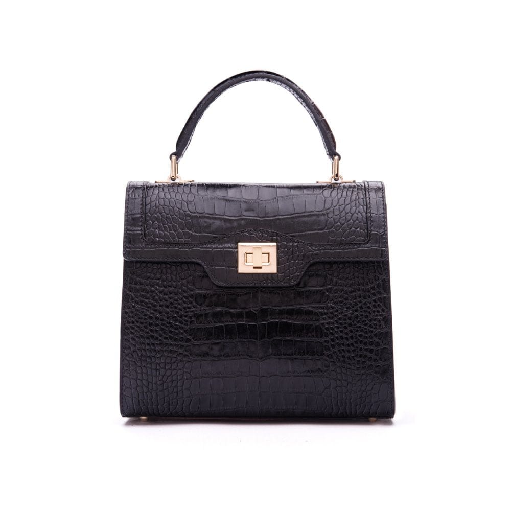 Leather signature Morgan bag, black croc, front view