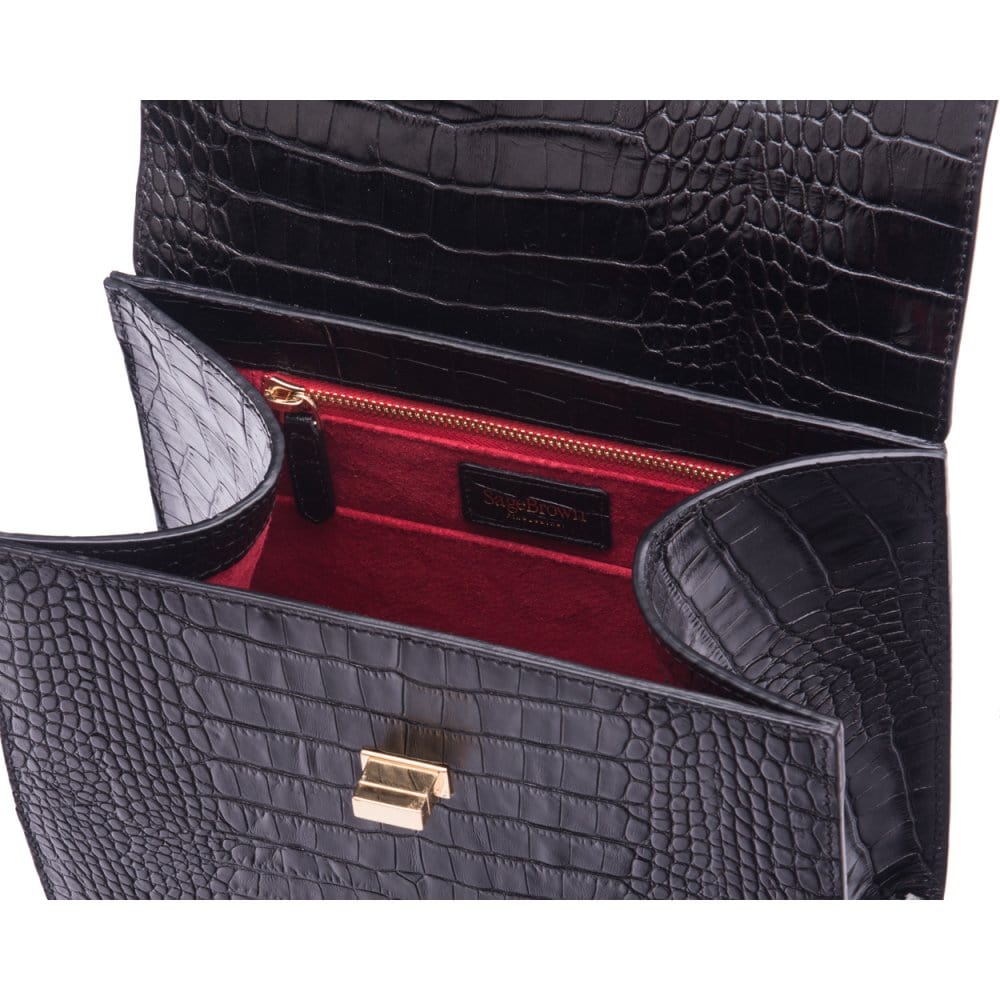 Leather signature Morgan bag, black croc, inside view