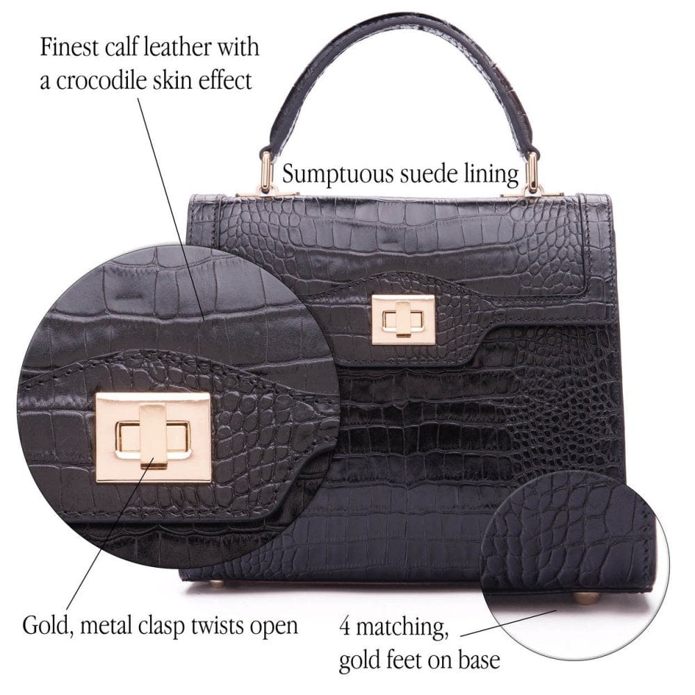 Leather signature Morgan bag, black croc, features