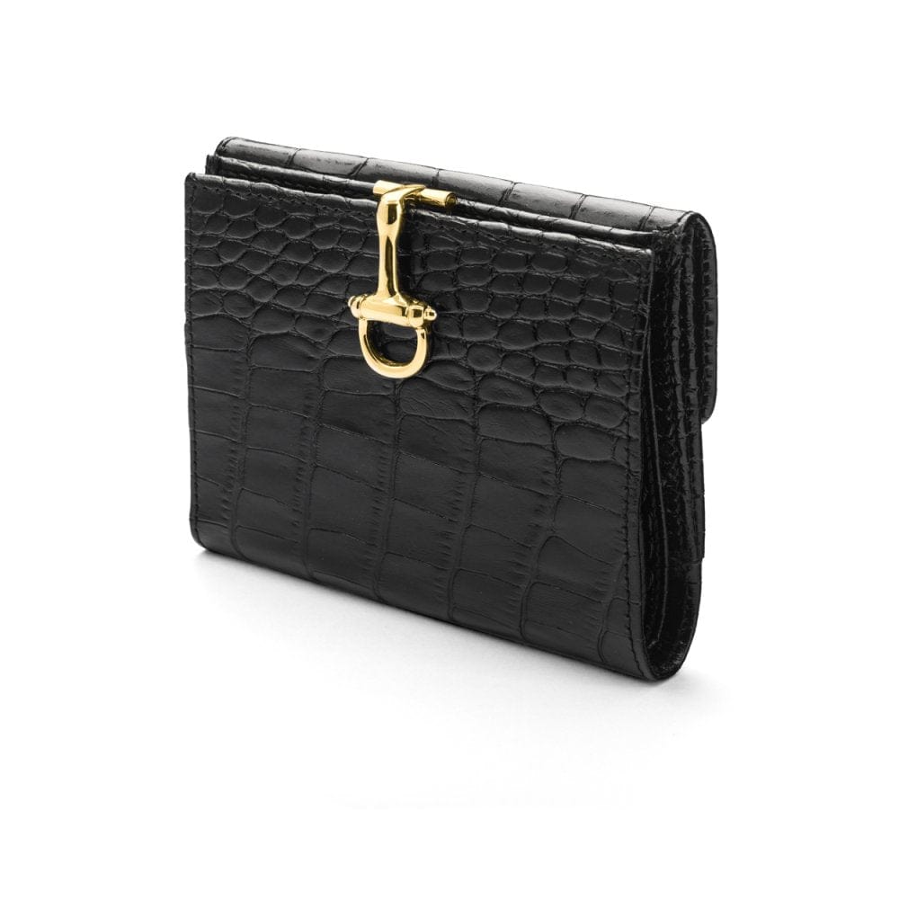 Leather purse with brass clasp, black croc, front view