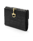 Leather purse with brass clasp, black croc, front view