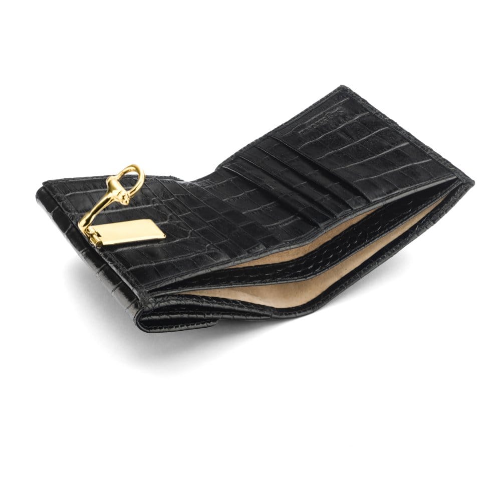 Leather purse with brass clasp, black croc, inside