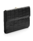 Leather purse with brass clasp, black croc, back