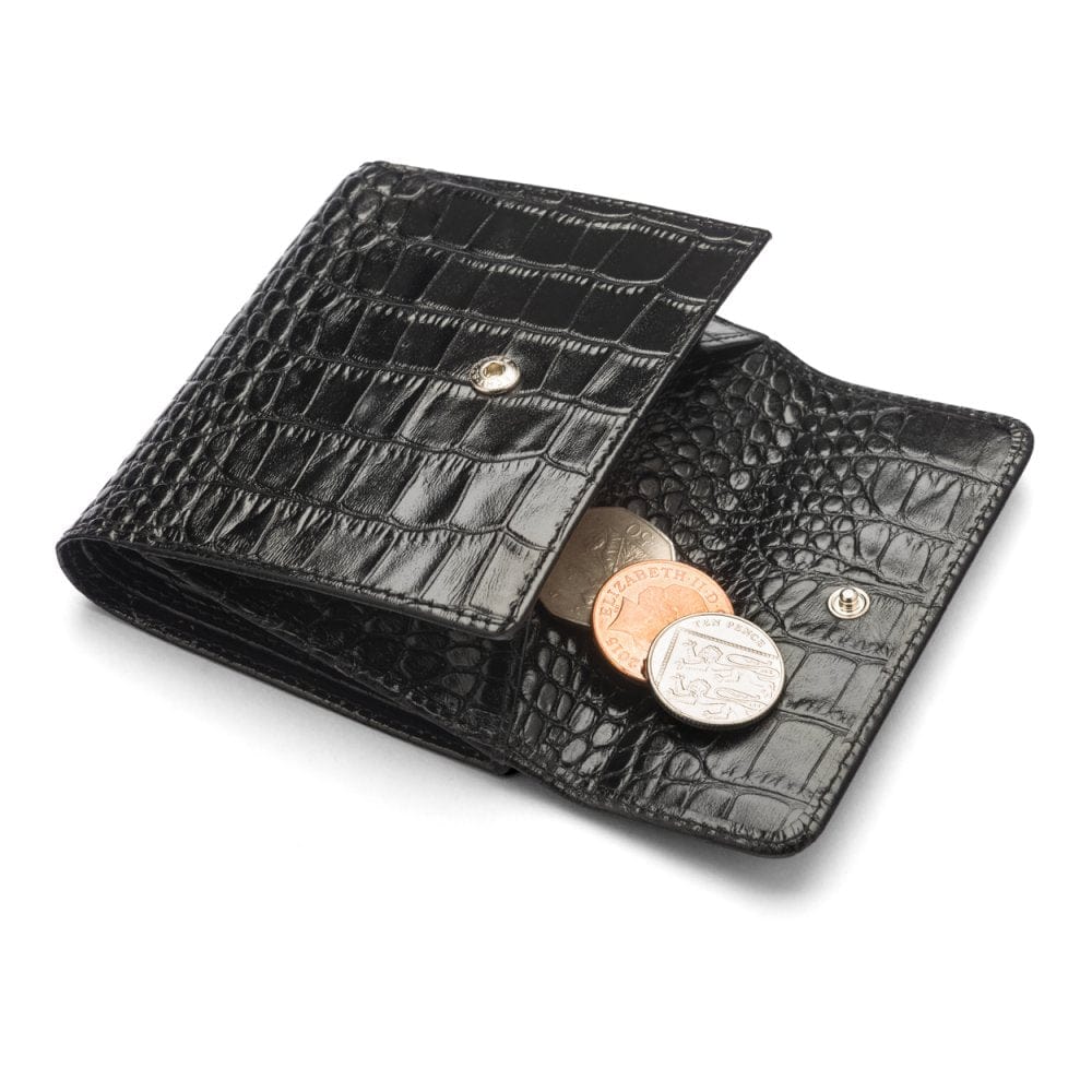 Leather purse with brass clasp, black croc, open
