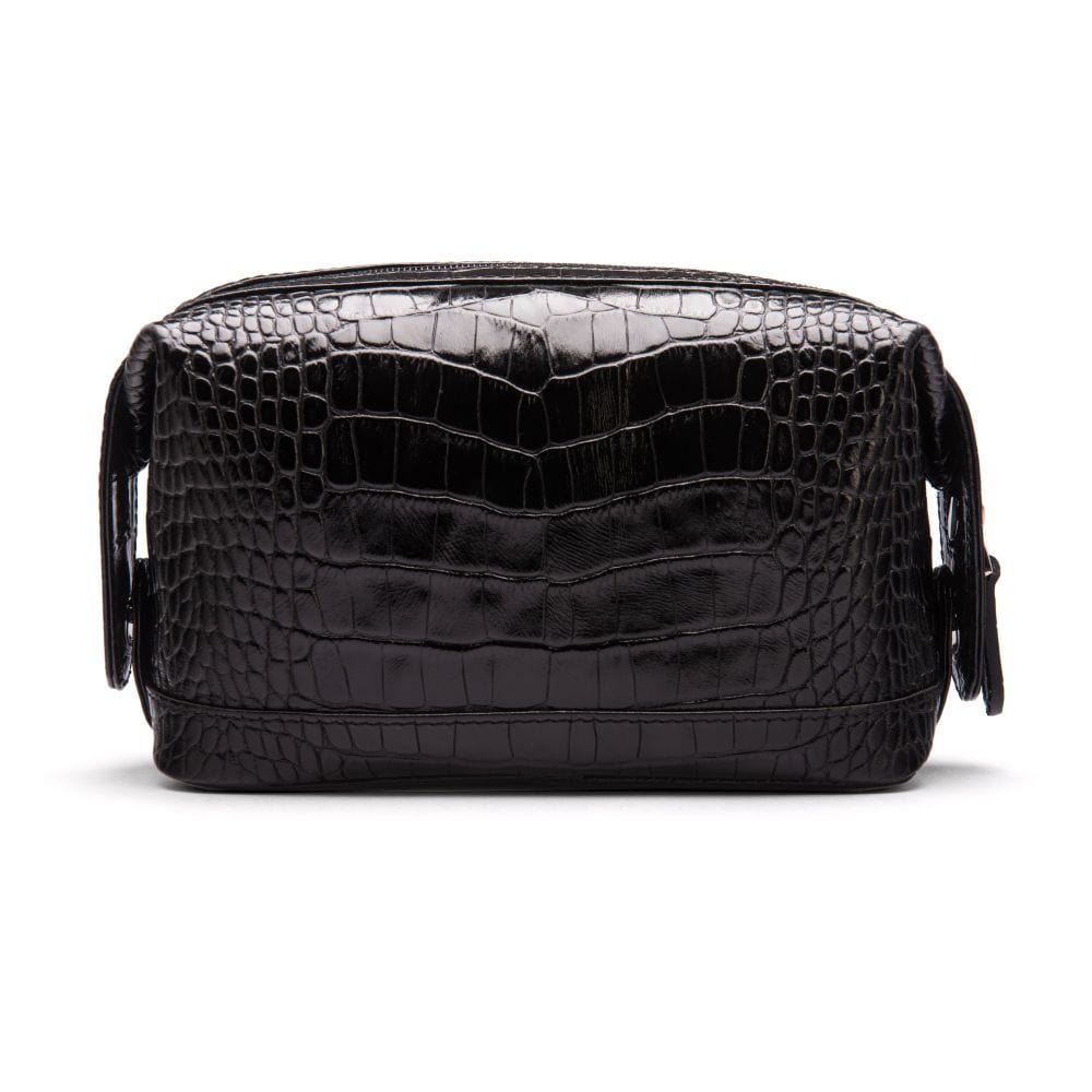 Leather wash bag, black croc,  front view