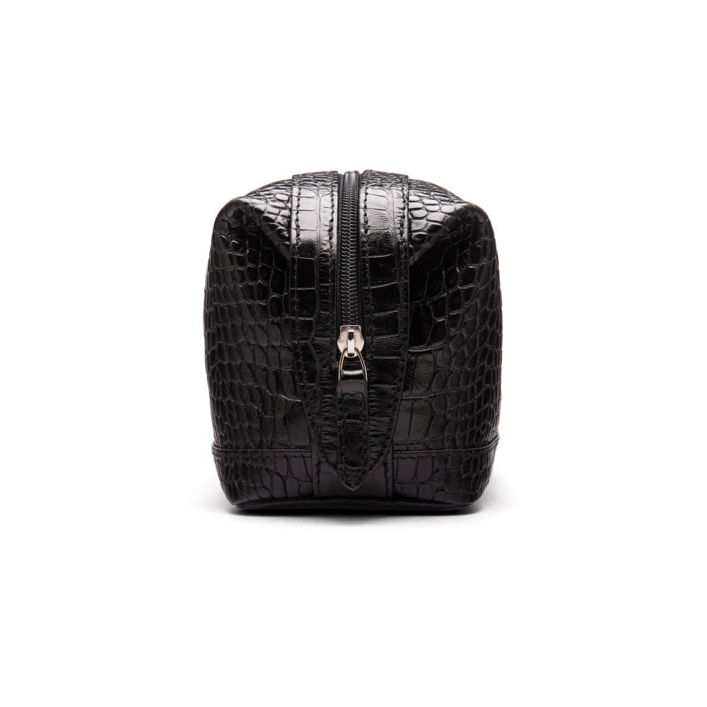 Leather wash bag, black croc,  side