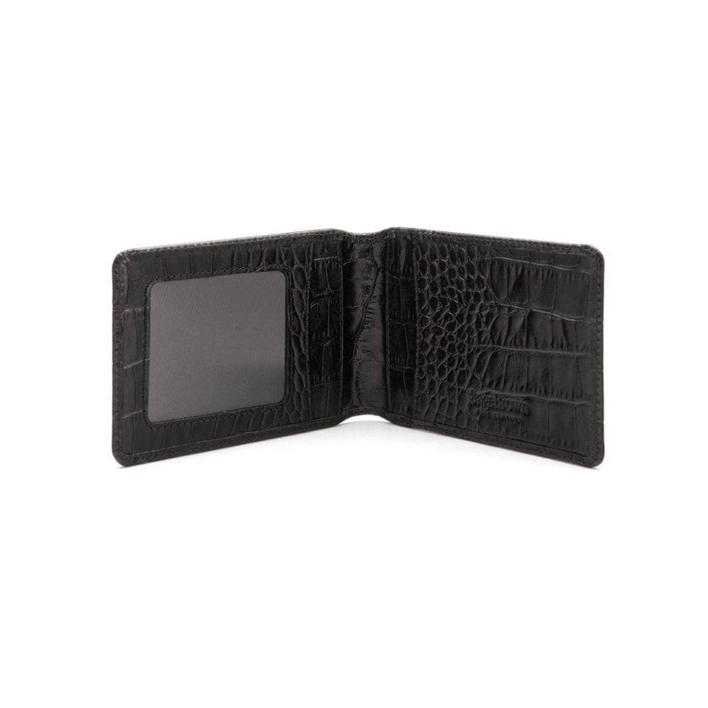 Leather travel card wallet, black croc, open