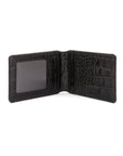 Leather travel card wallet, black croc, open