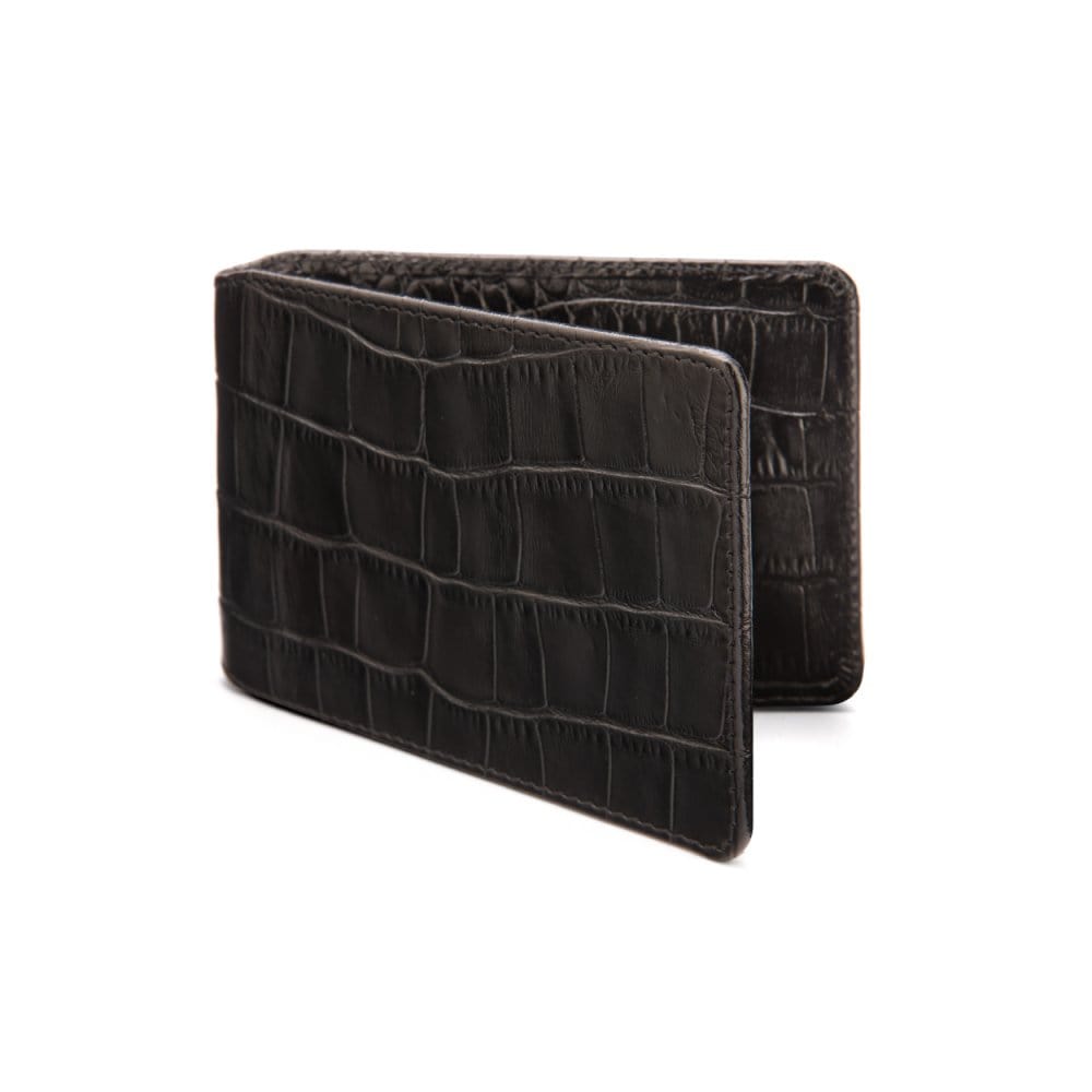 Leather travel card wallet, black croc, front