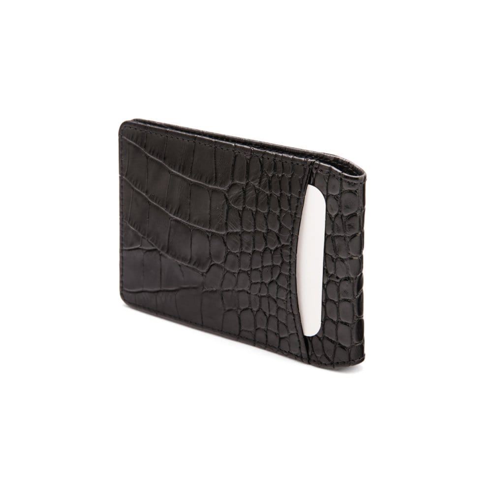 Leather travel card wallet, black croc, back