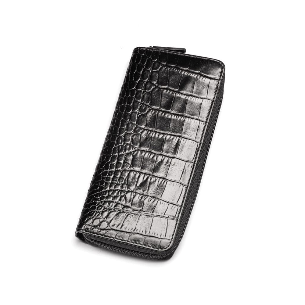 Leather zip around triple pen case, black, front view