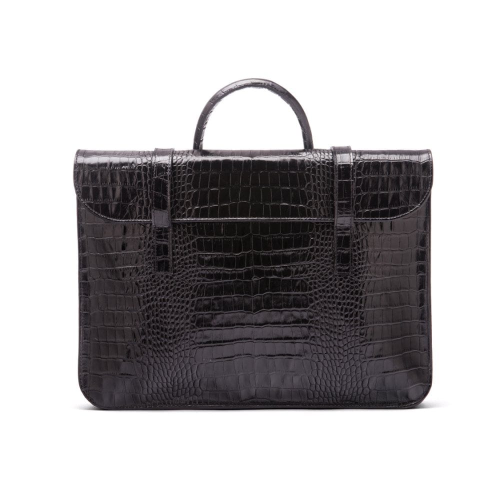 Leather music bag, black croc, front view