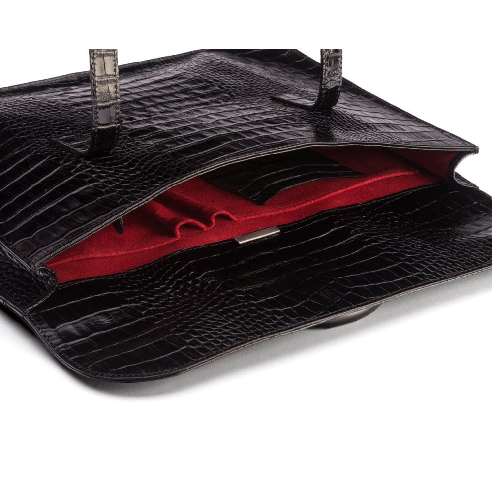 Leather music bag, black croc, inside view