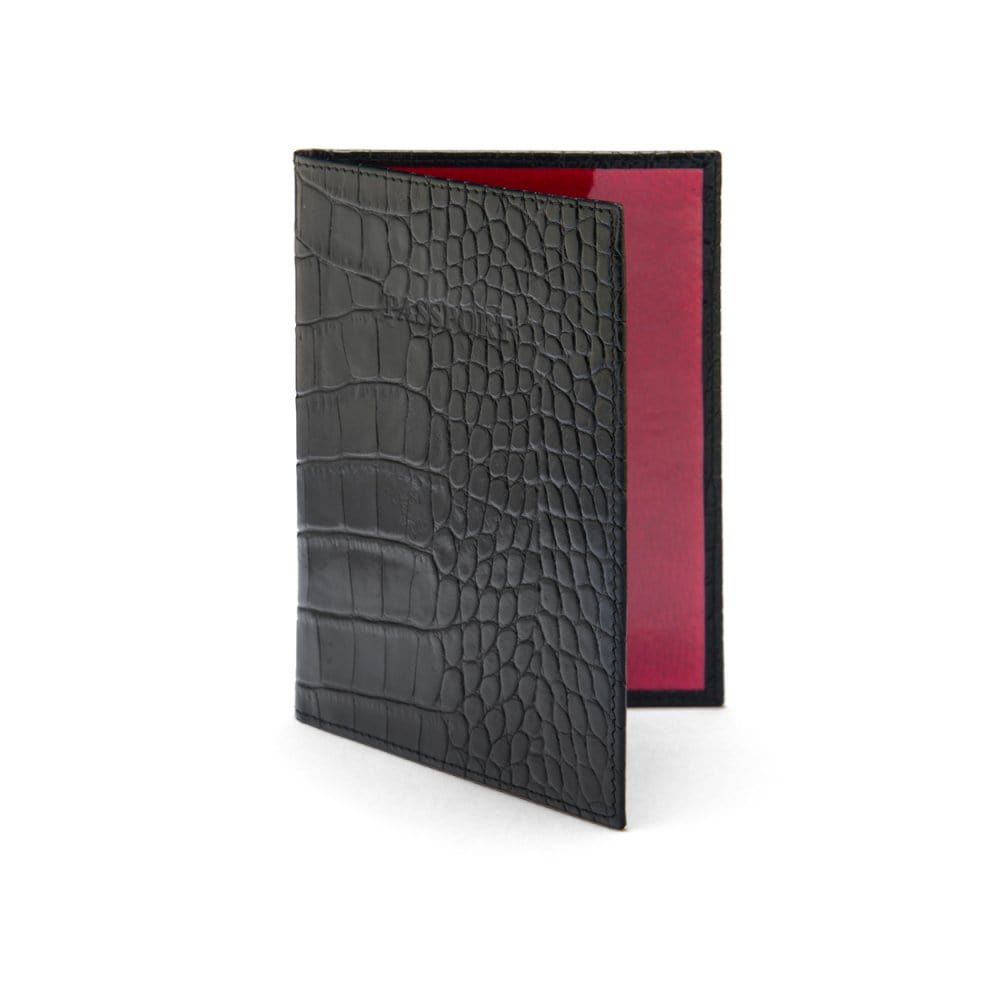 Luxury leather passport cover, black croc, front