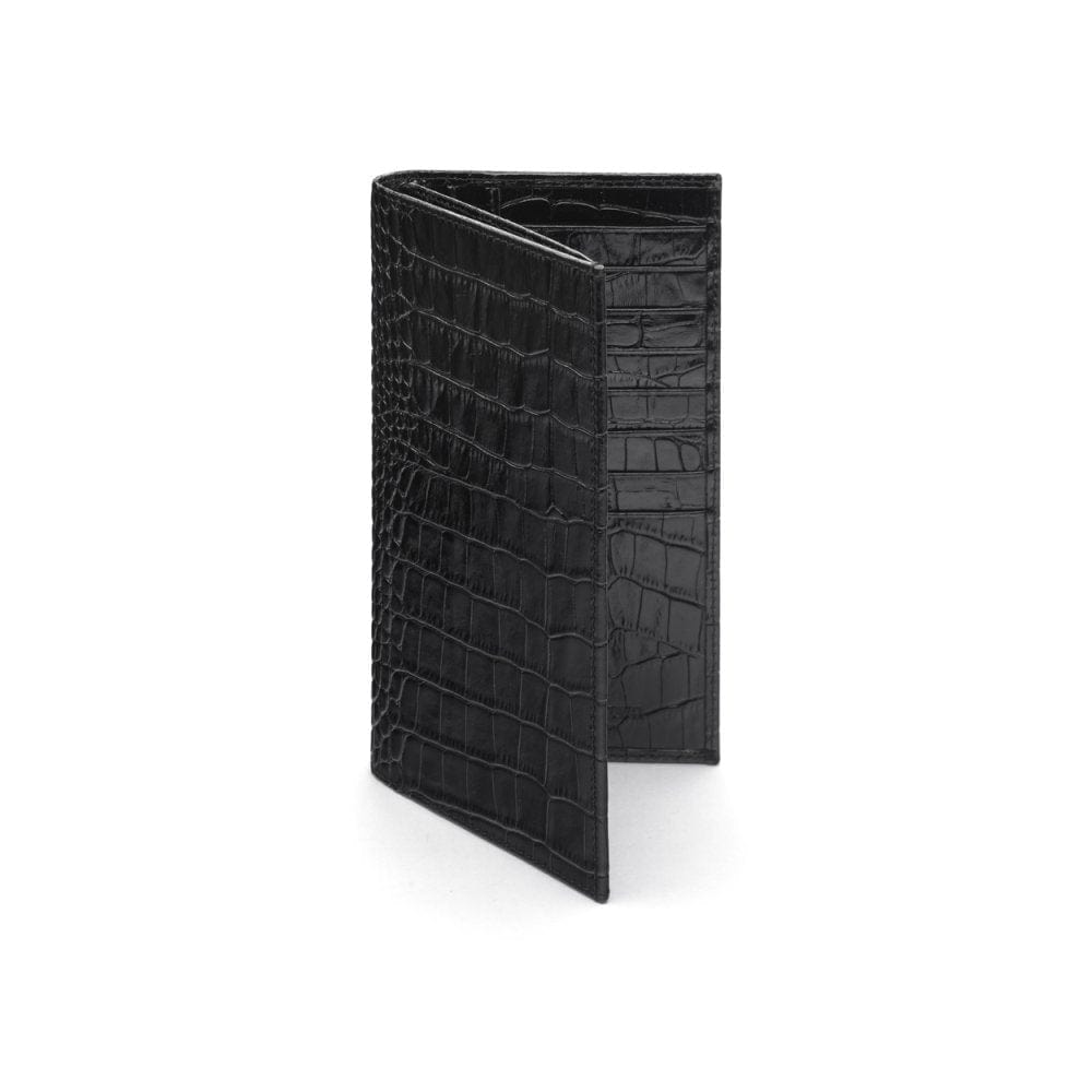 Men's tall leather wallet with 24 CC, black croc, front