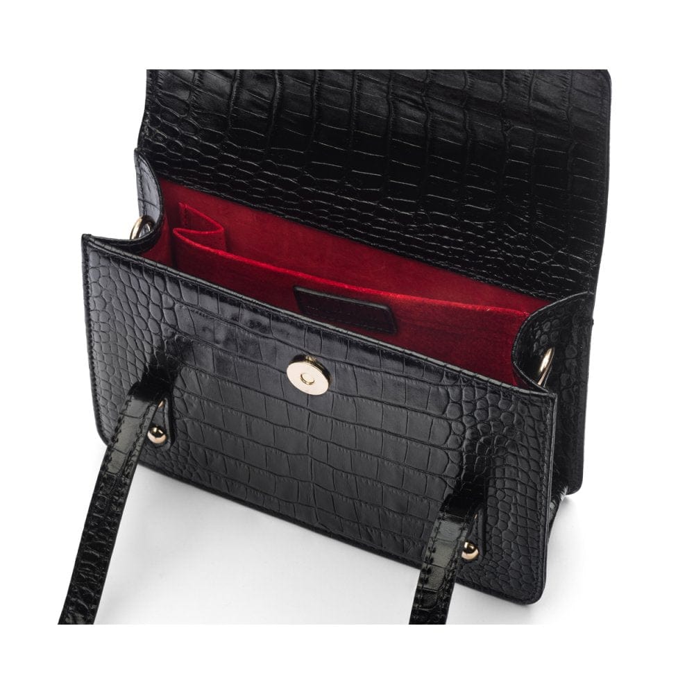 Mini top handle Harmony music bag, black croc, inside view