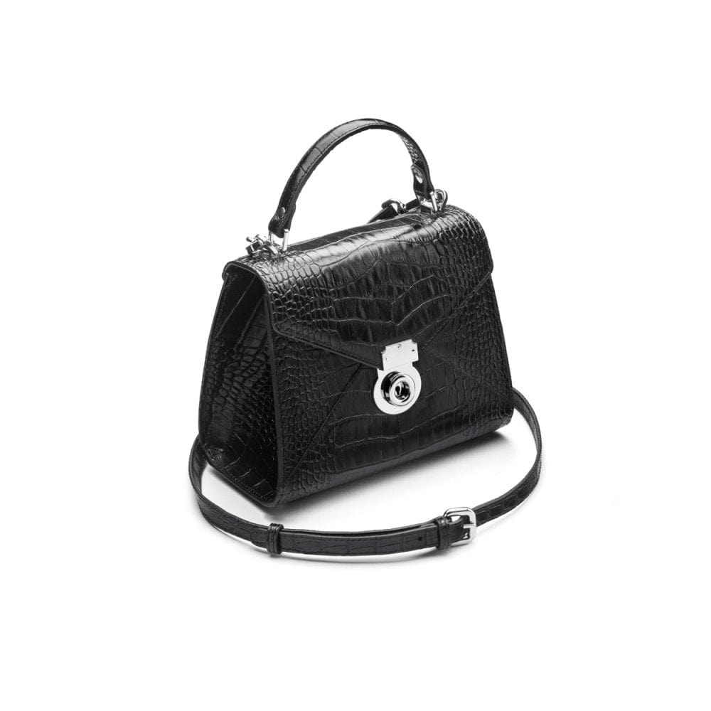 Mini Burnett small top handle bag, black croc, side view