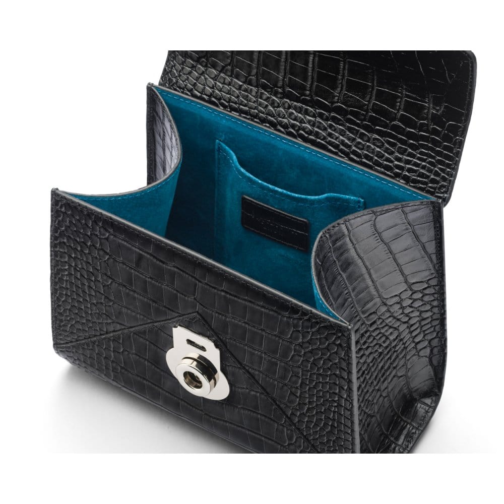 Mini Burnett small top handle bag, black croc, inside view