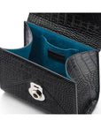 Mini Burnett small top handle bag, black croc, inside view